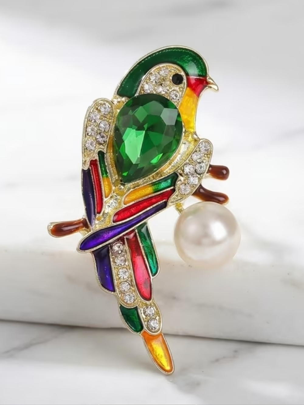 Green Parrot Enamel Brooch with Faux Pearl